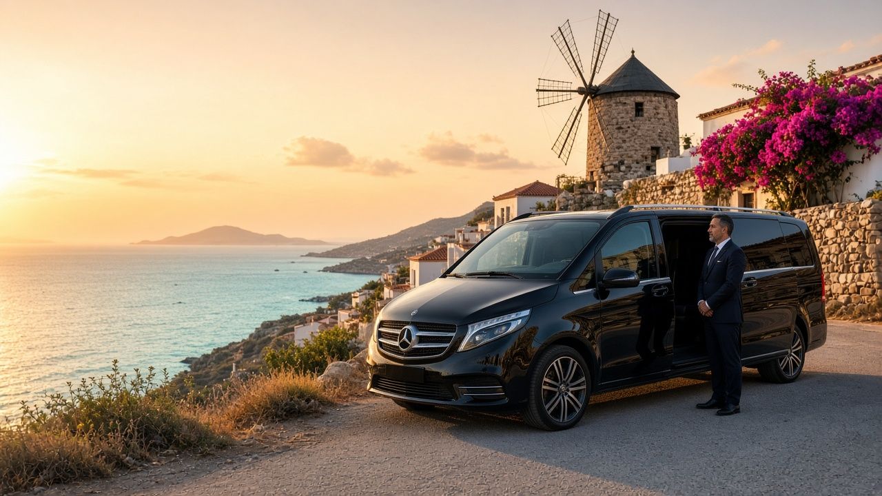 Ege kıyısında siyah VIP transfer aracı, İzmir atmosferi